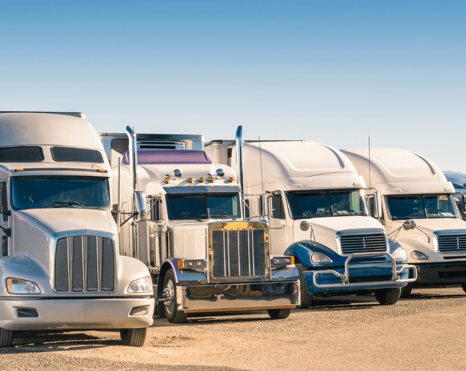 Row of semi-trucks parked outdoors.