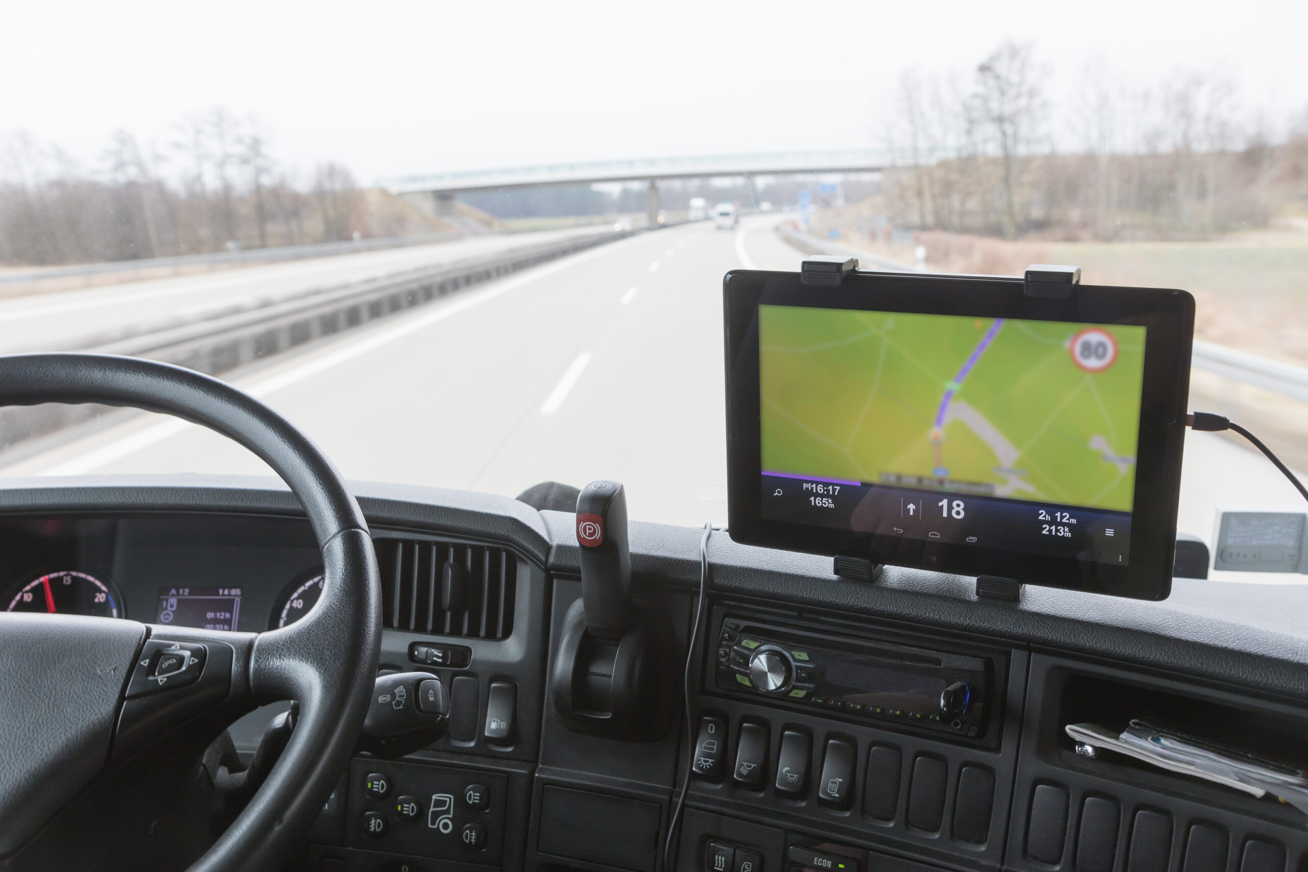 Truck cab interior with GPS navigation.